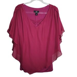 AGB Womens 1X Magenta Pink Cape Sleeve Blouse Lattice V-Neck Layered Top